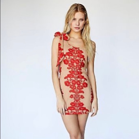 For love & Lemons Temecula Red Tan One Shoulder Mini Dress Embroidered Mesh XS - Picture 6 of 12
